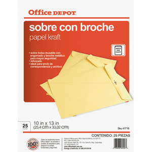 SOBRE OFFICE DEPOT CON BROCHE METALICO OFICIO 25U . SOBRE OFFICE DEPOT CON BROCHE METALICO OFICIO 25U .
