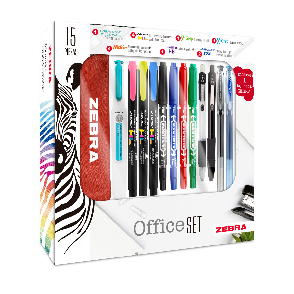 SET OFICINA INCLUYE: 1 CORRECTOR CINTA / 4 MCKIES / 2 J-ROLLER HL /  2 2INK / 1 PORTAMINA Z-GRIP / 1 MINAS HB / 2 J-ROLLER RX / 1 ESTUCHE