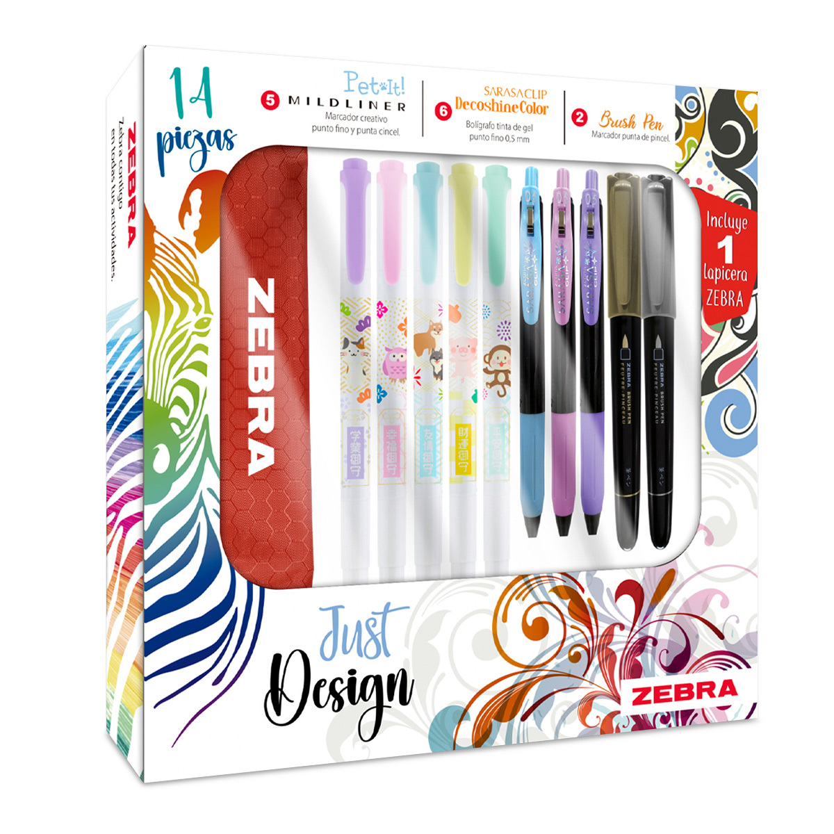 SET JUST DESIGN INCLUYE: 5 MILDLINER PET-IT / 3 SARASA CLIP DECOSHINE / 2 BRUSH PEN / 1 ESTUCHE