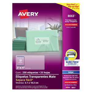 ETIQUETA TRANSPARENTE PERMANENTE INKJET 5.1 CM X 10.2 CM PAQ 250 ETIQUETA TRANSPARENTE PERMANENTE INKJET 5.1 CM X 10.2 CM PAQ 250