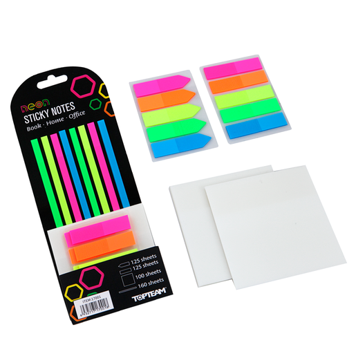 SET NOTAS ADHESIVAS TOP TEAM NEON (INCLUYE: 6 NOTA TRANSPARENTE 3X3 PULG 50H, 250 BANERITAS  5 COLORES 25 C/U,  160 TIRAS ADHESIVAS 4 COLORES 40 CADA COLOR)
