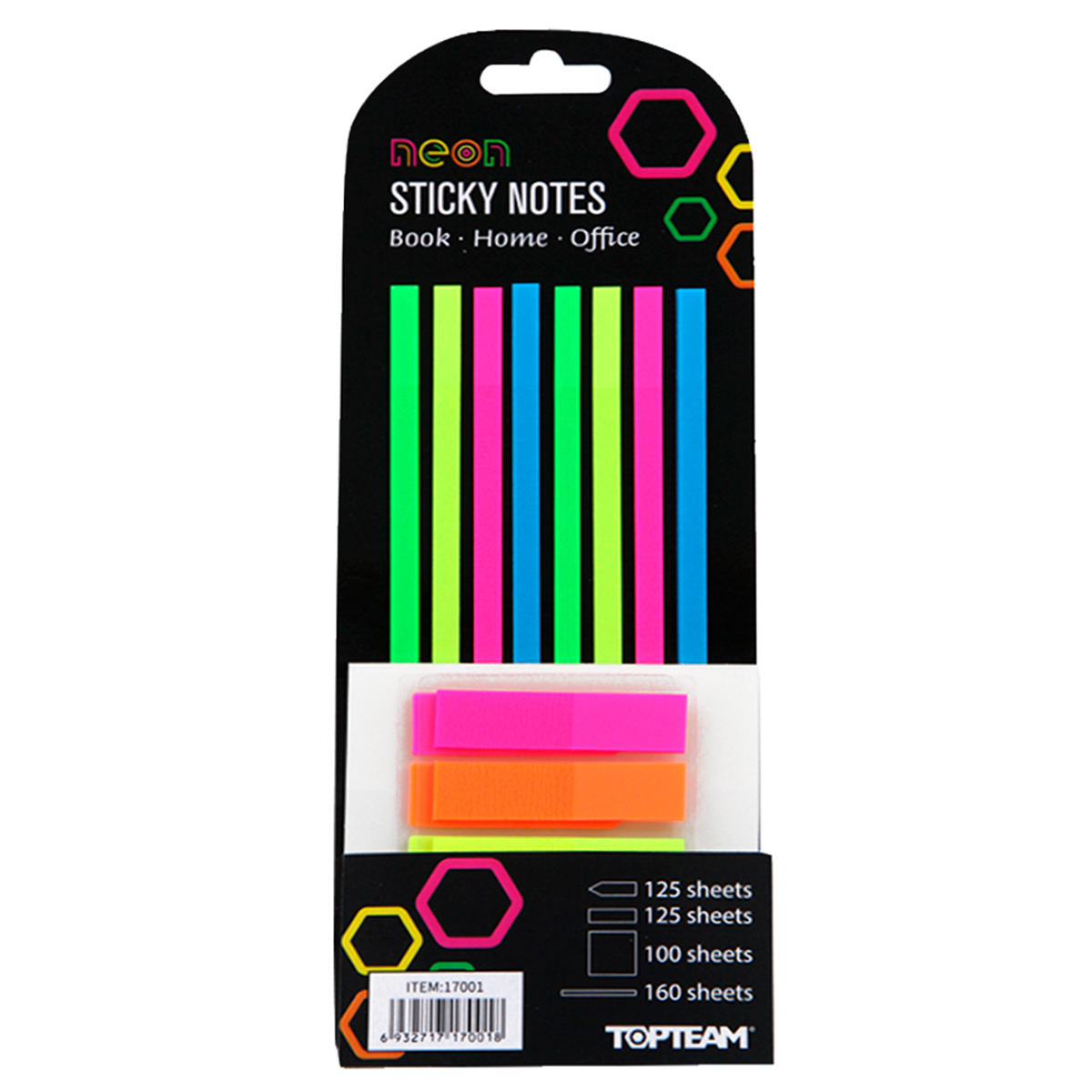 SET NOTAS ADHESIVAS TOP TEAM NEON (INCLUYE: 6 NOTA TRANSPARENTE 3X3 PULG 50H, 250 BANERITAS  5 COLORES 25 C/U,  160 TIRAS ADHESIVAS 4 COLORES 40 CADA COLOR)