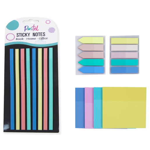 SET NOTAS ADHESIVAS TOP TEAM PASTEL (INCLUYE: 6 NOTA TRANSPARENTE 3X3 PULG 50H, 250 BANERITAS  5 COLORES 25 C/U,  160 TIRAS ADHESIVAS 4 COLORES 40 CADA COLOR)