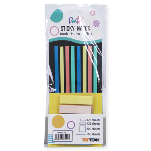 SET NOTAS ADHESIVAS TOP TEAM PASTEL (INCLUYE: 6 NOTA TRANSPARENTE 3X3 PULG 50H, 250 BANERITAS  5 COLORES 25 C/U,  160 TIRAS ADHESIVAS 4 COLORES 40 CADA COLOR)
