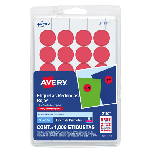 ETIQUETA CÓDIGO DE COLOR ROJO, 1.9 CM DE DIÁMETRO, 1008 PZ.