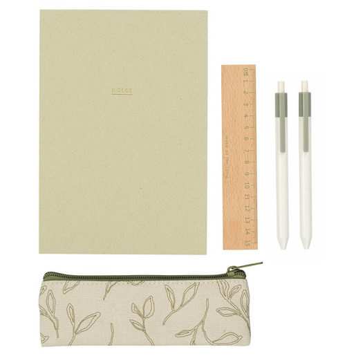 SET DE ESCRITURA ECONOVO (INCLUYE: 1 CUADERNO NOTAS A5, 2 BOLIGRAFOS,  1 REGLA MADERA Y UN ESTUCHE)
