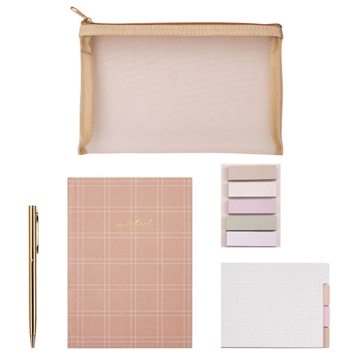 SET DE ESCRITURA ROSA (INCLUYE: 1 CUADERNO, 1 BLOCK, 1 STICKY NOTES, 1 BOLIGRAFO, 1 ESTUCHE)