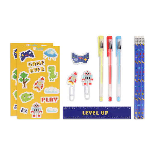 SET ESCOLAR ISTUDY CONCEPTO GAMER 2 DISENO PIXELEADO (INCLUYE: ESTUCHE + 3 LAPICES + 1 BORRADOR + 1 REGLA +  2 STICKERS + 2 CLIPS + 3 BOLIGRAFOS GEL)