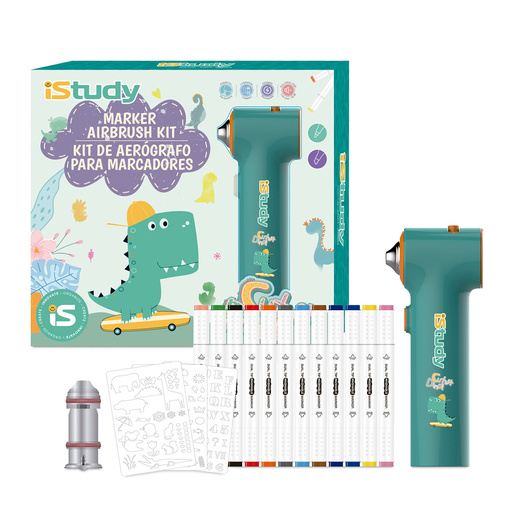 SET DE AEROGRAFO CON MARCADORES ISTUDY (CONTIENE: AEROGRAFO, 12 MARCADORES DOBLE PUNTA, 3 STENCIL PARA PINTAR, CABLE TIPO C, 2 BOQUILLAS (MARCADOR TRIANGULAR / MARCADOR REDONDO)