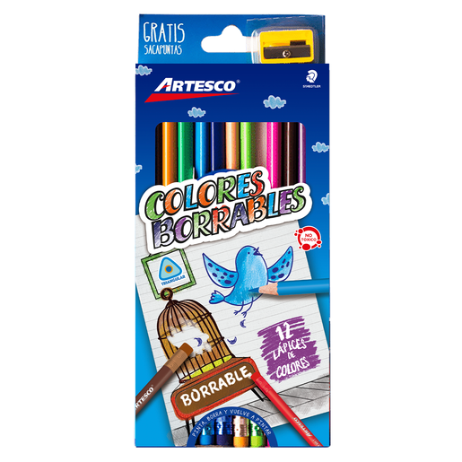 LAPICES DE COLOR ARTESCO TRIANGULARES BORRABLES 12U +SACAPUNTAS